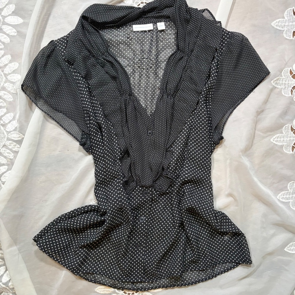 Y2K Office Siren Black Polka Dot Ruffle V-Neck Short Sleeve Blouse XL